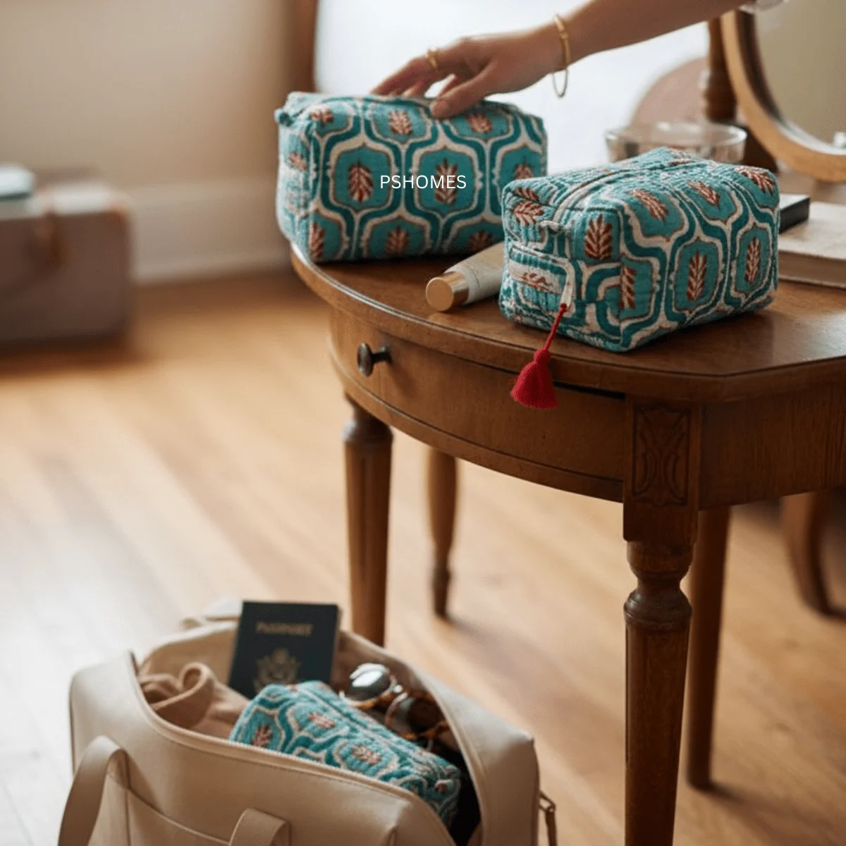 3PC 100% Cotton Quilted Travel Makeup Bag Set– Waterproof Thick Lining - Image 10