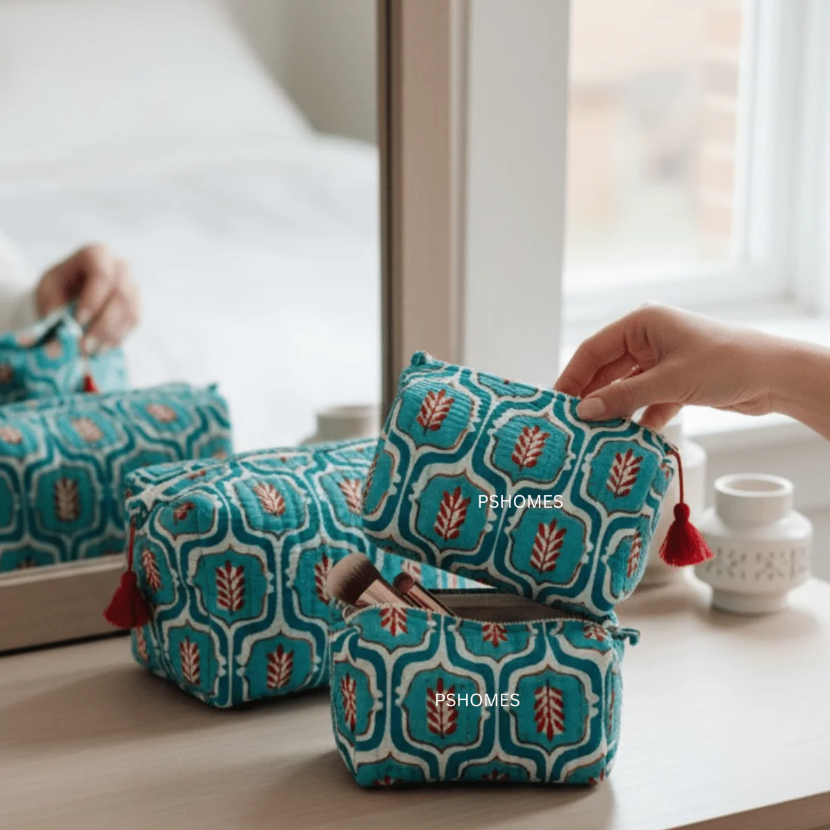 3PC 100% Cotton Quilted Travel Makeup Bag Set– Waterproof Thick Lining - Image 11