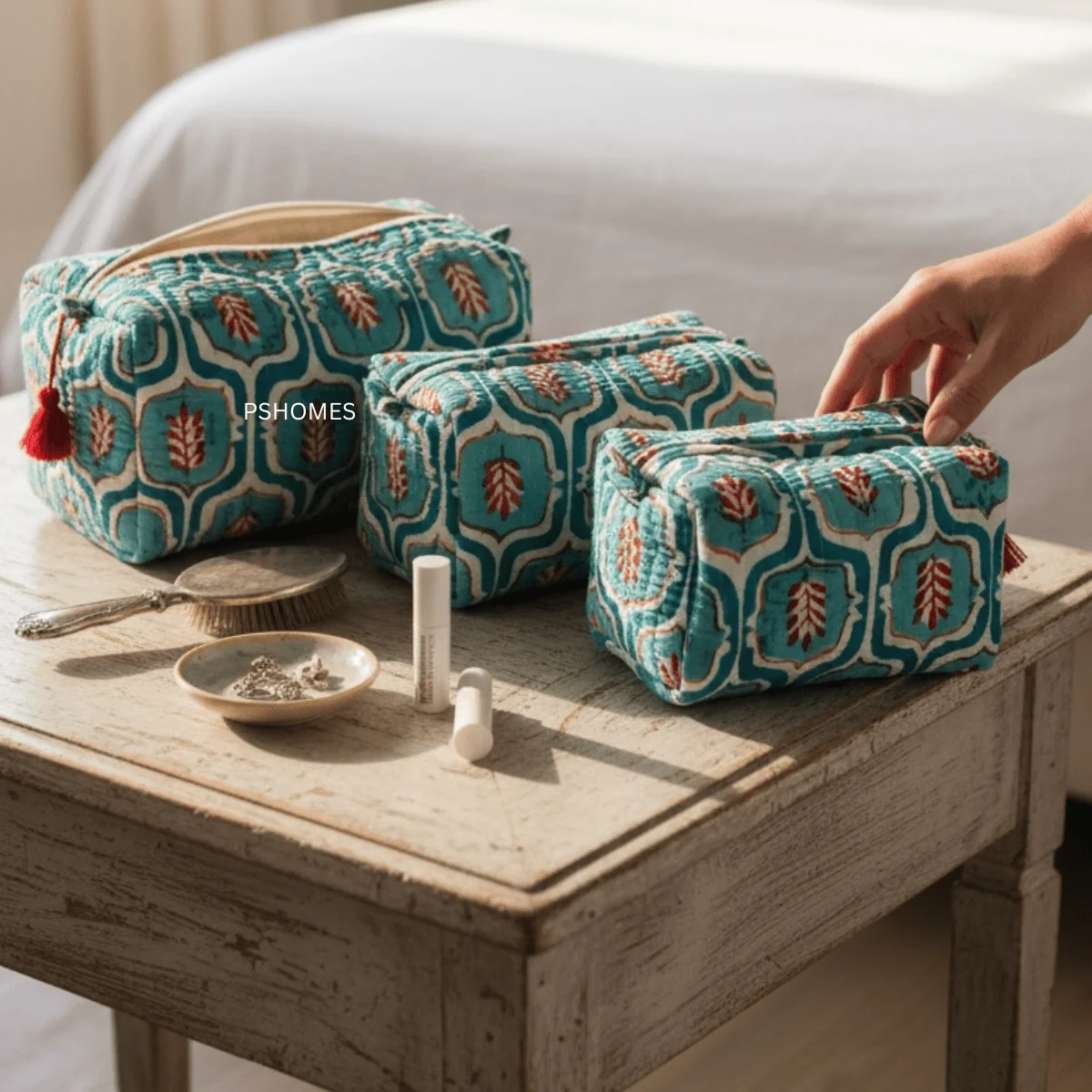 3PC 100% Cotton Quilted Travel Makeup Bag Set– Waterproof Thick Lining - Image 12