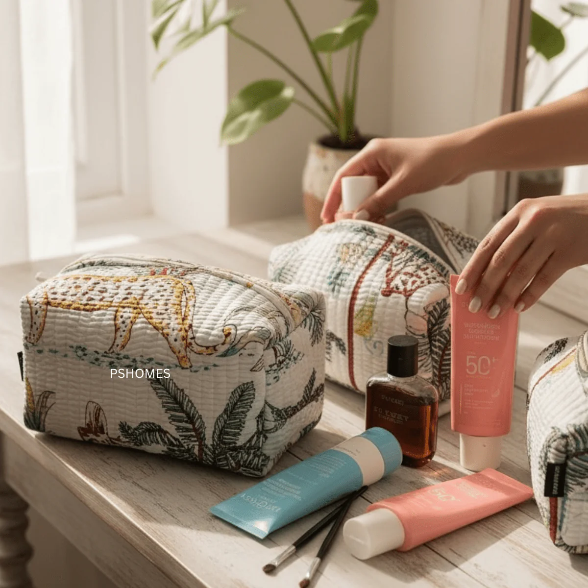 3PC 100% Cotton Quilted Travel Makeup Bag Set– Waterproof Thick Lining - Image 14