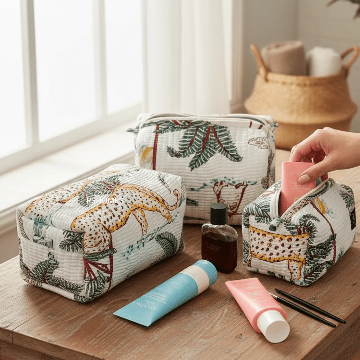 3PC 100% Cotton Quilted Travel Makeup Bag Set– Waterproof Thick Lining - Image 15