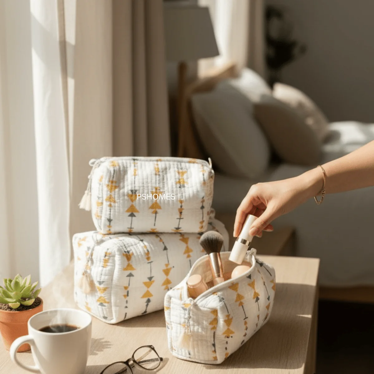 3PC 100% Cotton Quilted Travel Makeup Bag Set– Waterproof Thick Lining - Image 17
