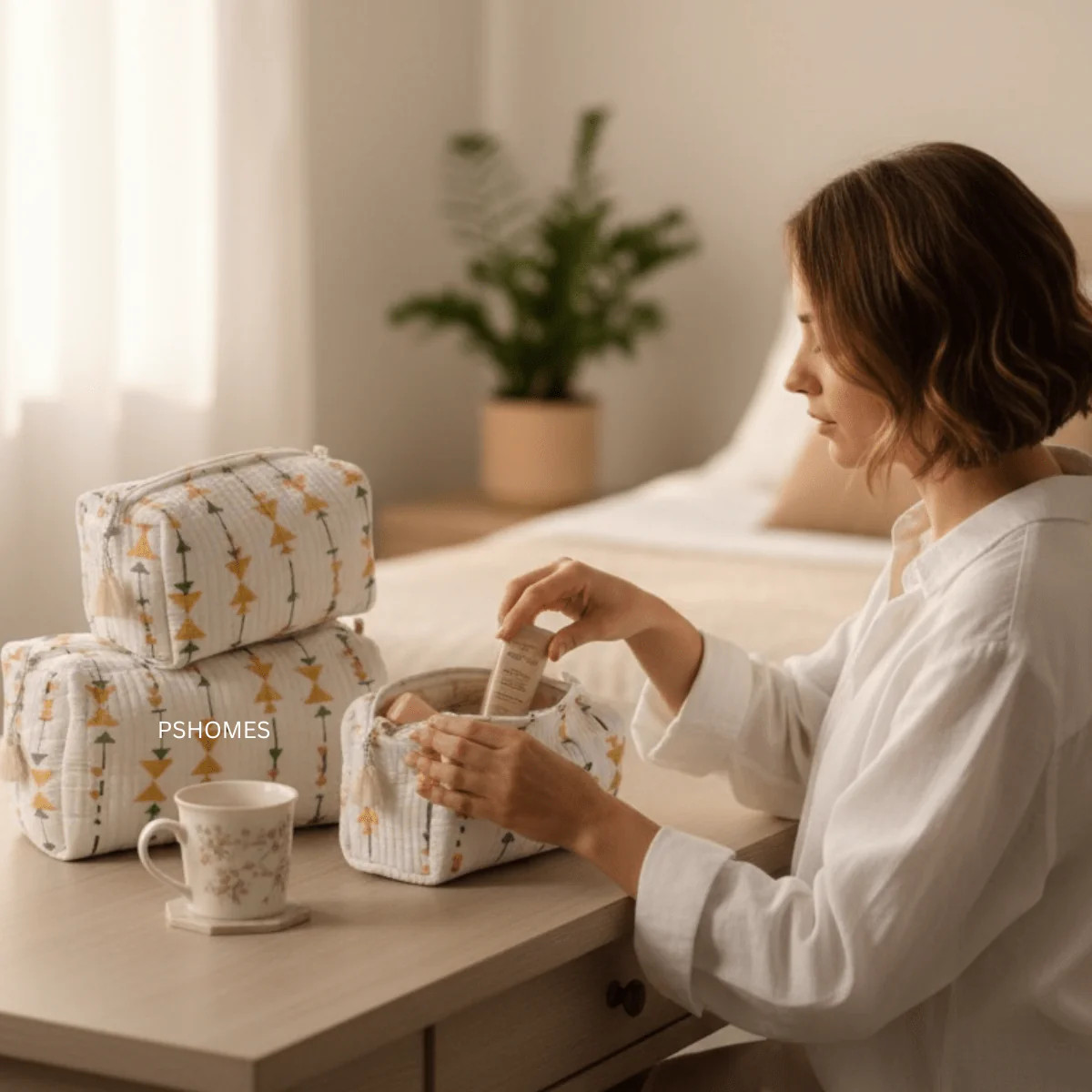 3PC 100% Cotton Quilted Travel Makeup Bag Set– Waterproof Thick Lining - Image 18
