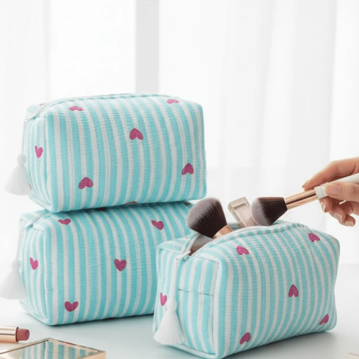 3PC 100% Cotton Quilted Travel Makeup Bag Set– Waterproof Thick Lining - Image 19
