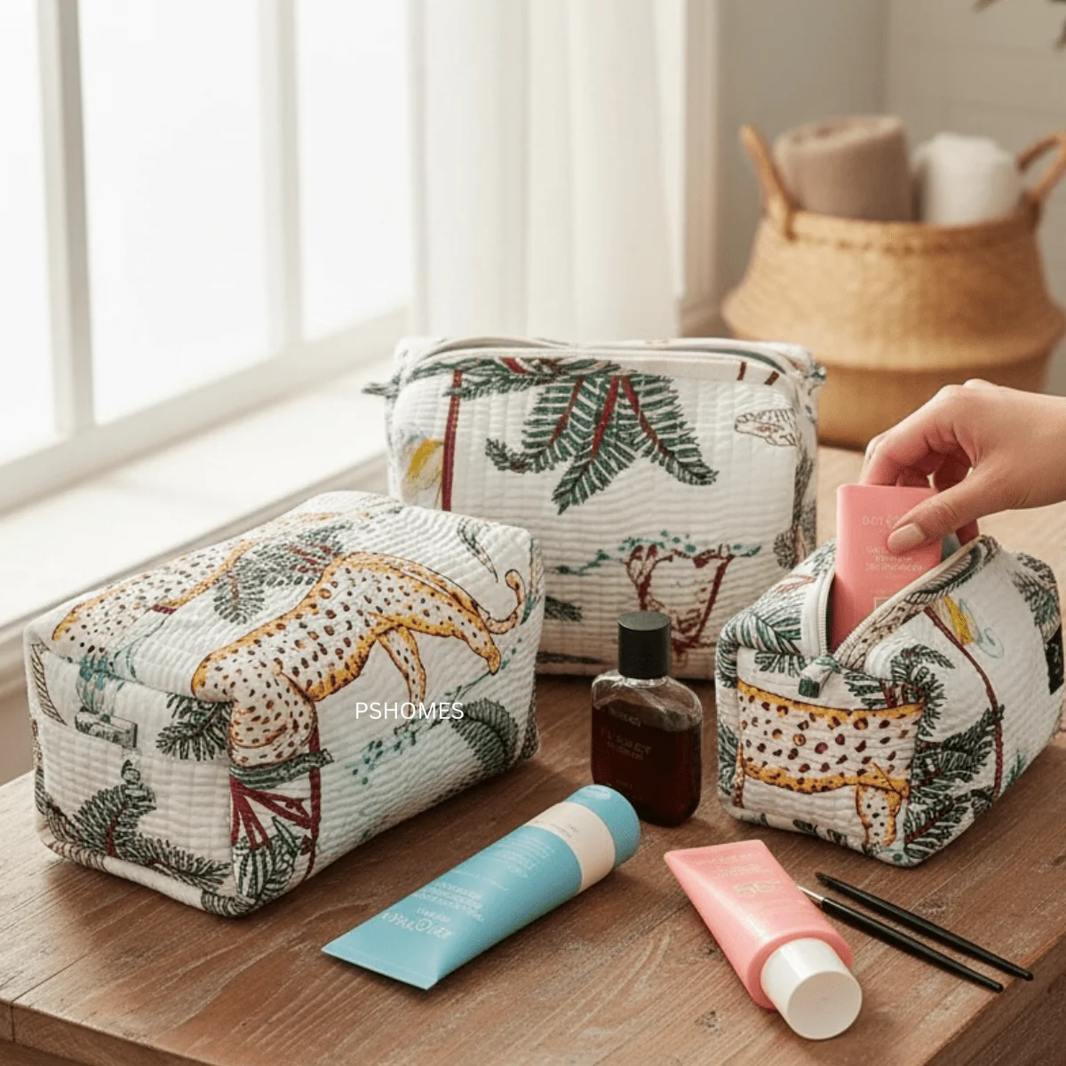 3PC 100% Cotton Quilted Travel Makeup Bag Set– Waterproof Thick Lining - Image 2