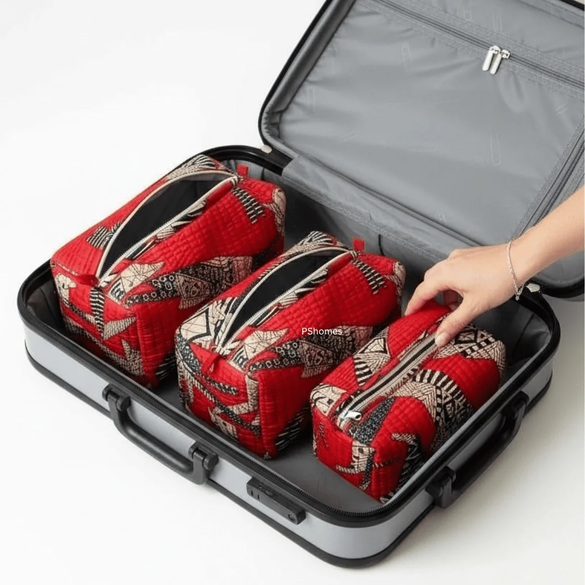 3PC 100% Cotton Quilted Travel Makeup Bag Set– Waterproof Thick Lining - Image 20