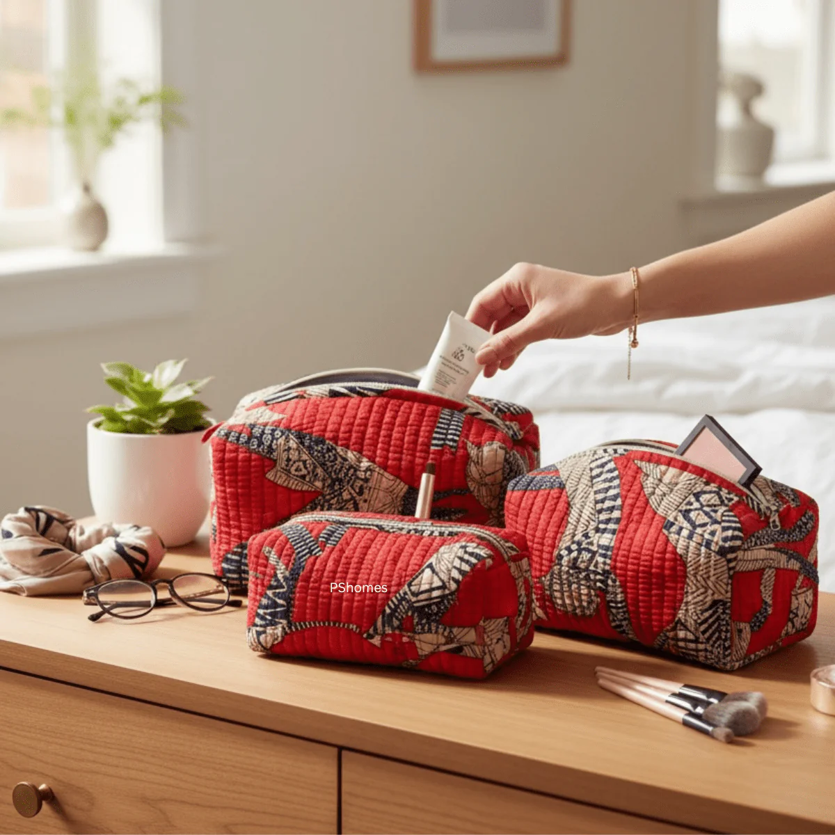 3PC 100% Cotton Quilted Travel Makeup Bag Set– Waterproof Thick Lining - Image 21