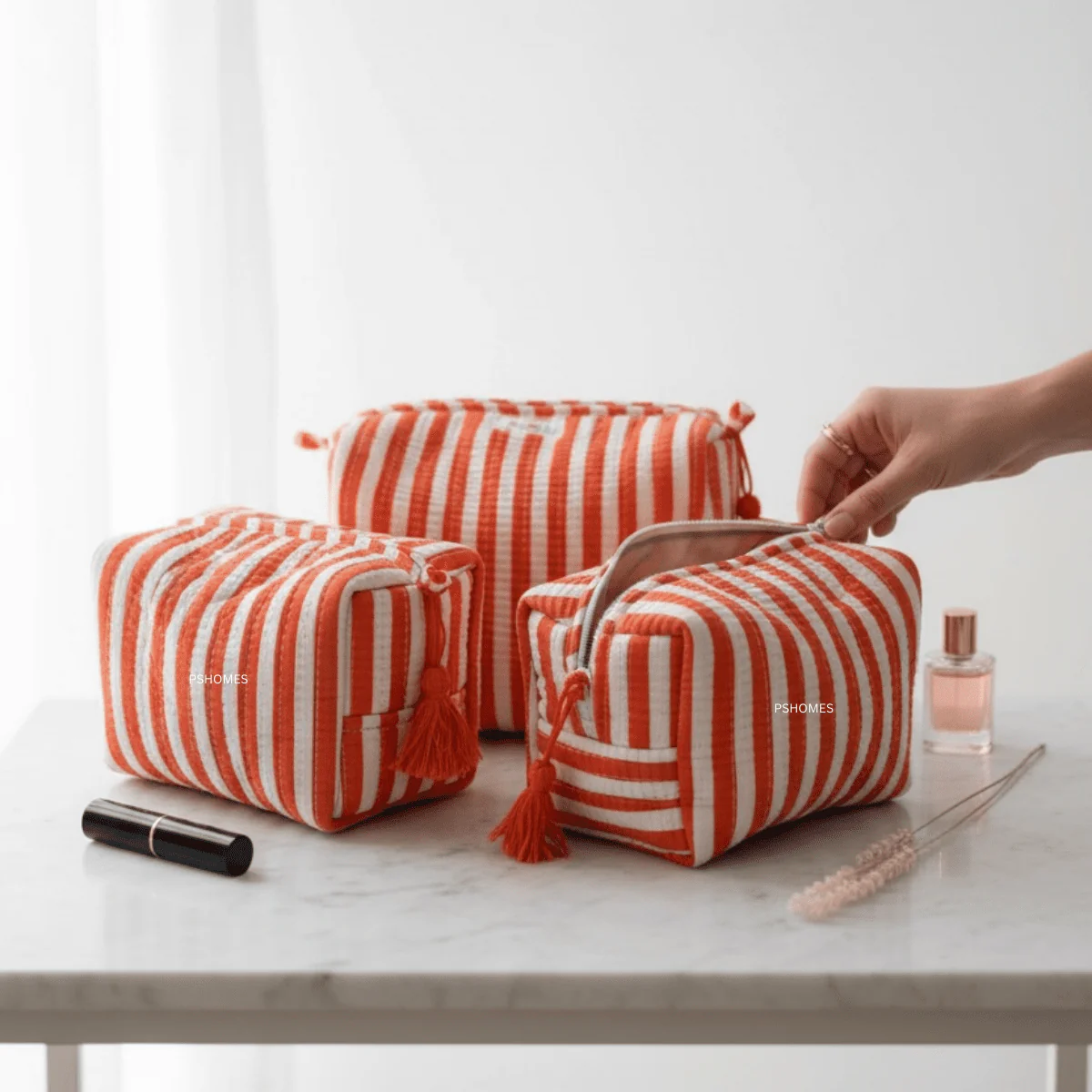 3PC 100% Cotton Quilted Travel Makeup Bag Set– Waterproof Thick Lining - Image 24