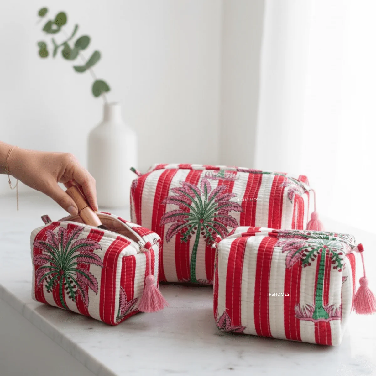 3PC 100% Cotton Quilted Travel Makeup Bag Set– Waterproof Thick Lining - Image 25