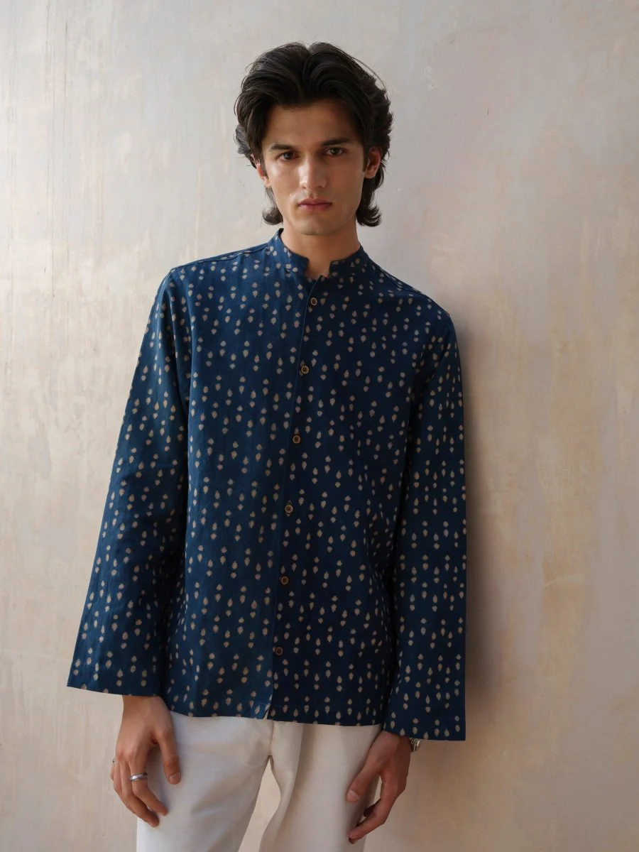 Aatman - Indigo Blue Block Printed Organic Shirt - Image 2