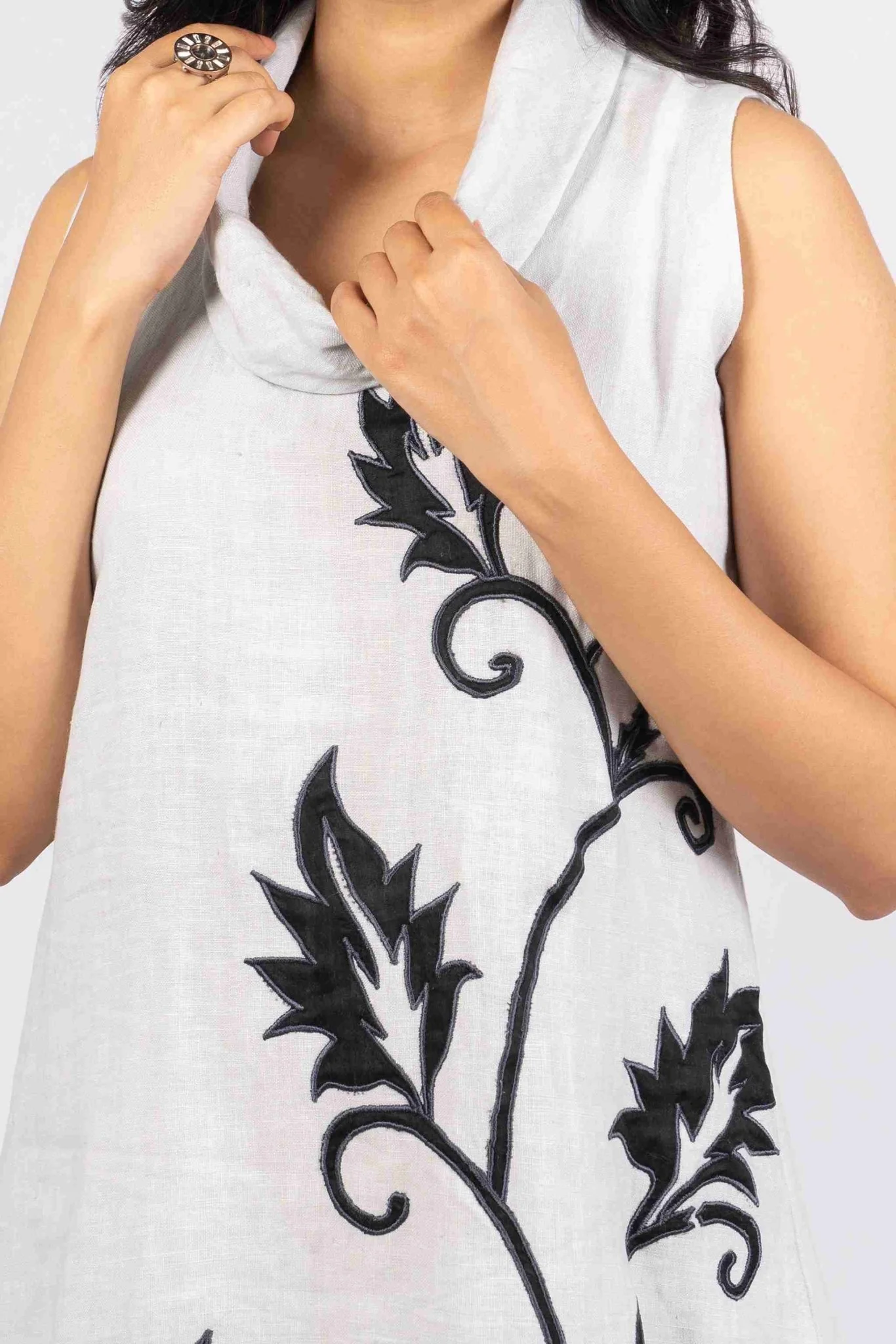 Abhaa Moonstone Grey Cowl Neck Linen Dress With Applique Work - Image 2