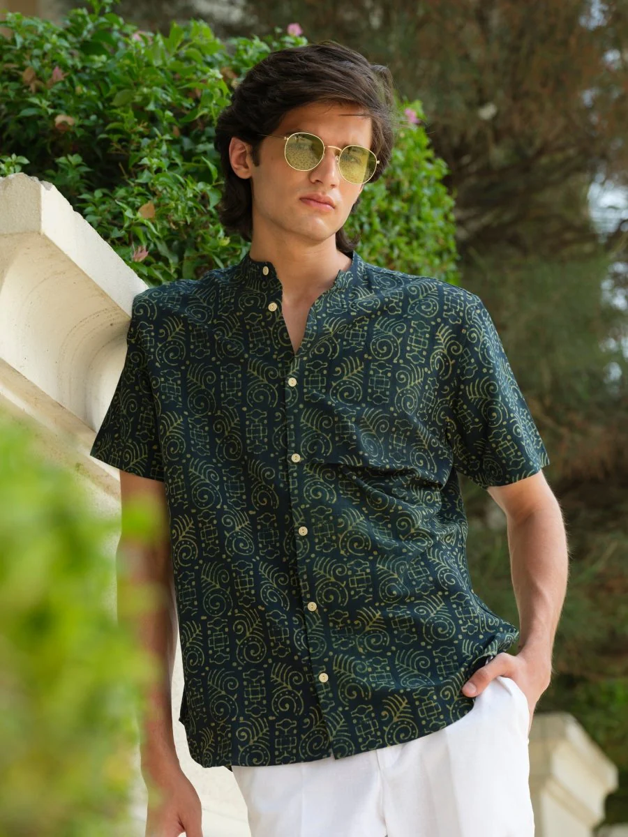 Achhedya - Green Block Print Half Sleeve Shirt - Image 3