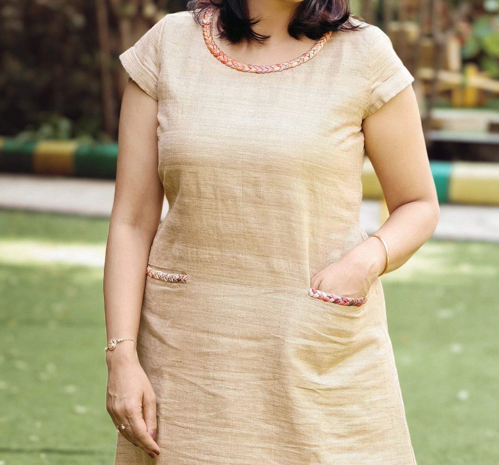 Anahita Natural Beige Zari Gicha Dress With Intricate Braid Work - Image 5