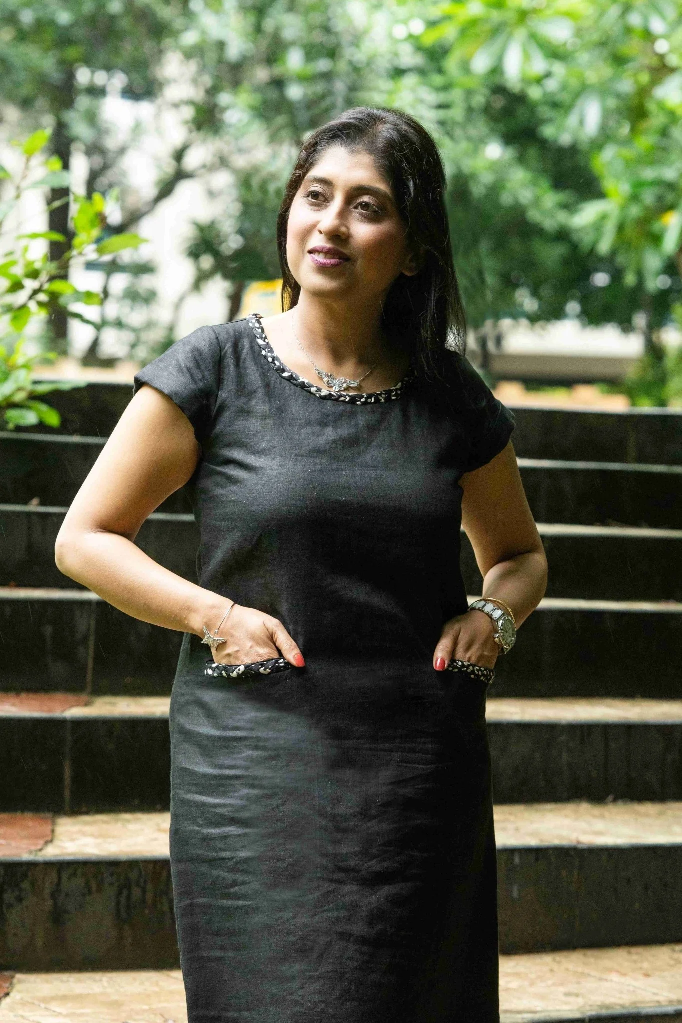 Anshika Charcoal Black Pure Linen Dress With Intricate Braid Work - Image 3