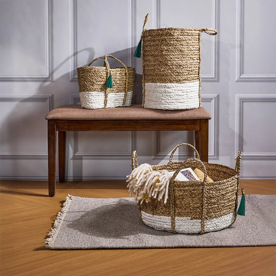 Seagrass Anthro Green Tassel Basket – Handwoven Eco Storage Basket