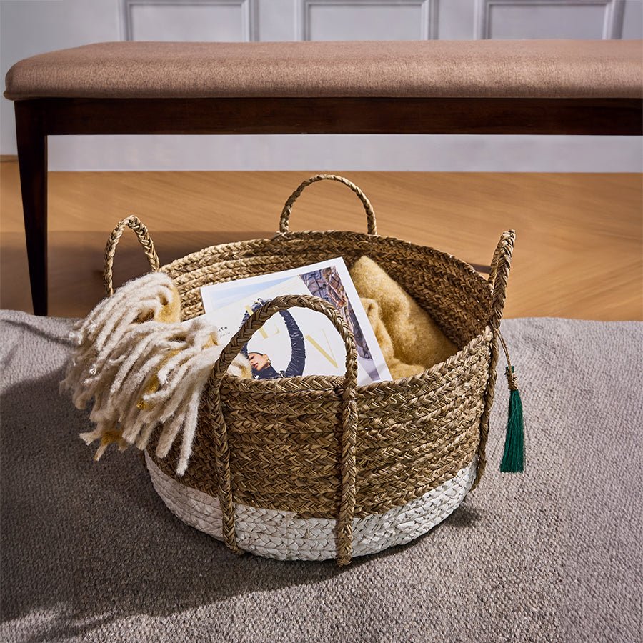 Seagrass Anthro Green Tassel Basket – Handwoven Eco Storage Basket - Image 2