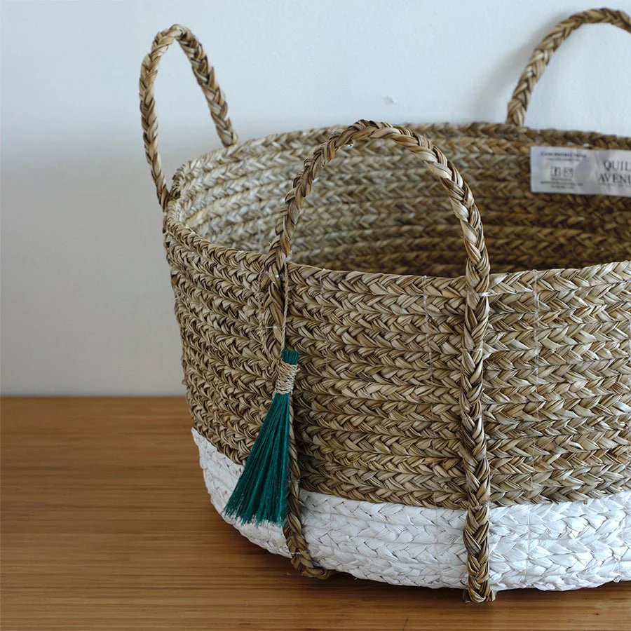 Seagrass Anthro Green Tassel Basket – Handwoven Eco Storage Basket - Image 5