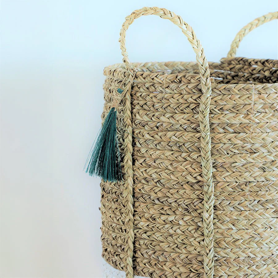 Seagrass Anthro Green Tassel Basket – Handwoven Eco Storage Basket - Image 6