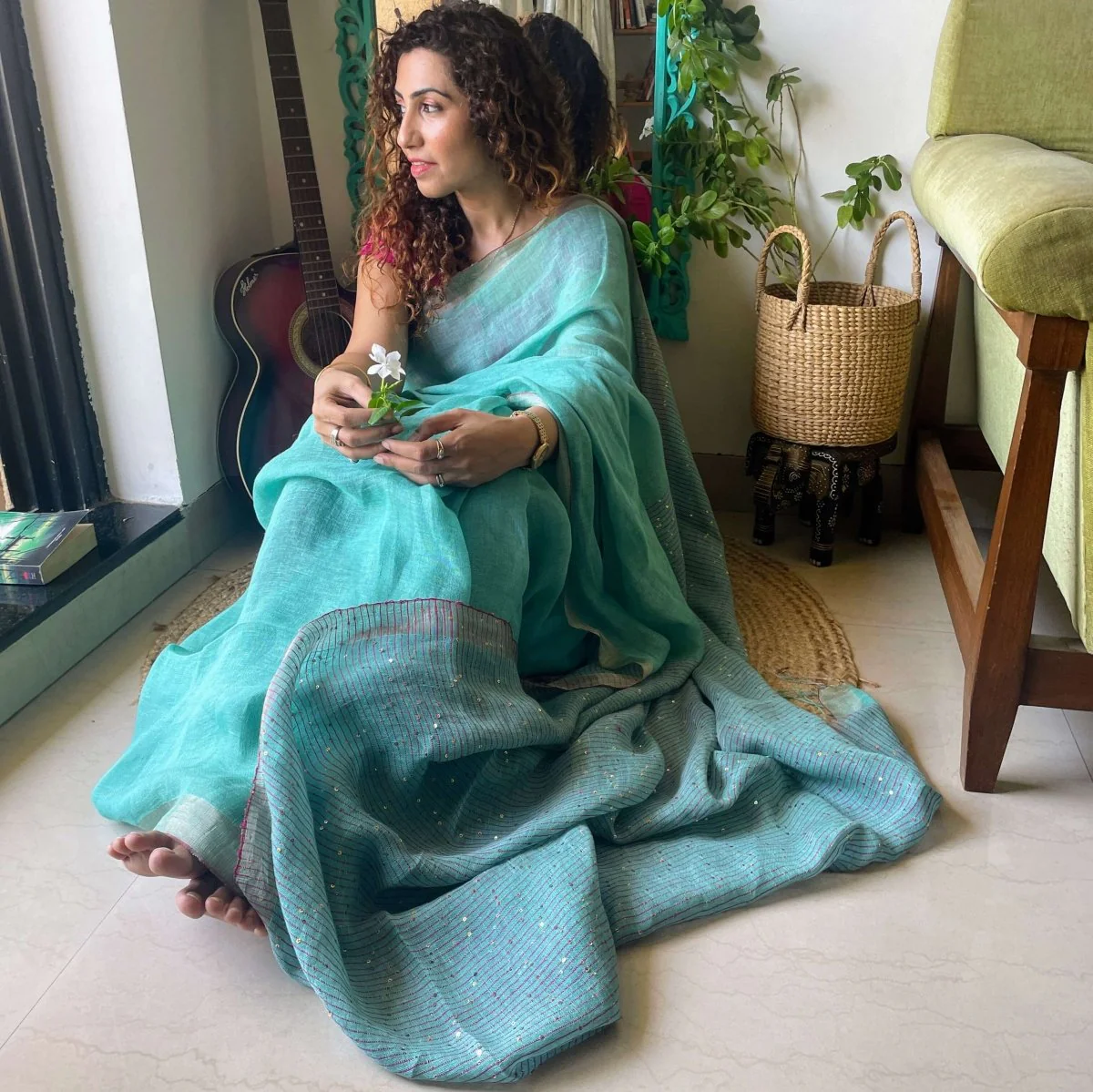 Aqua green Linen Saree with sequence