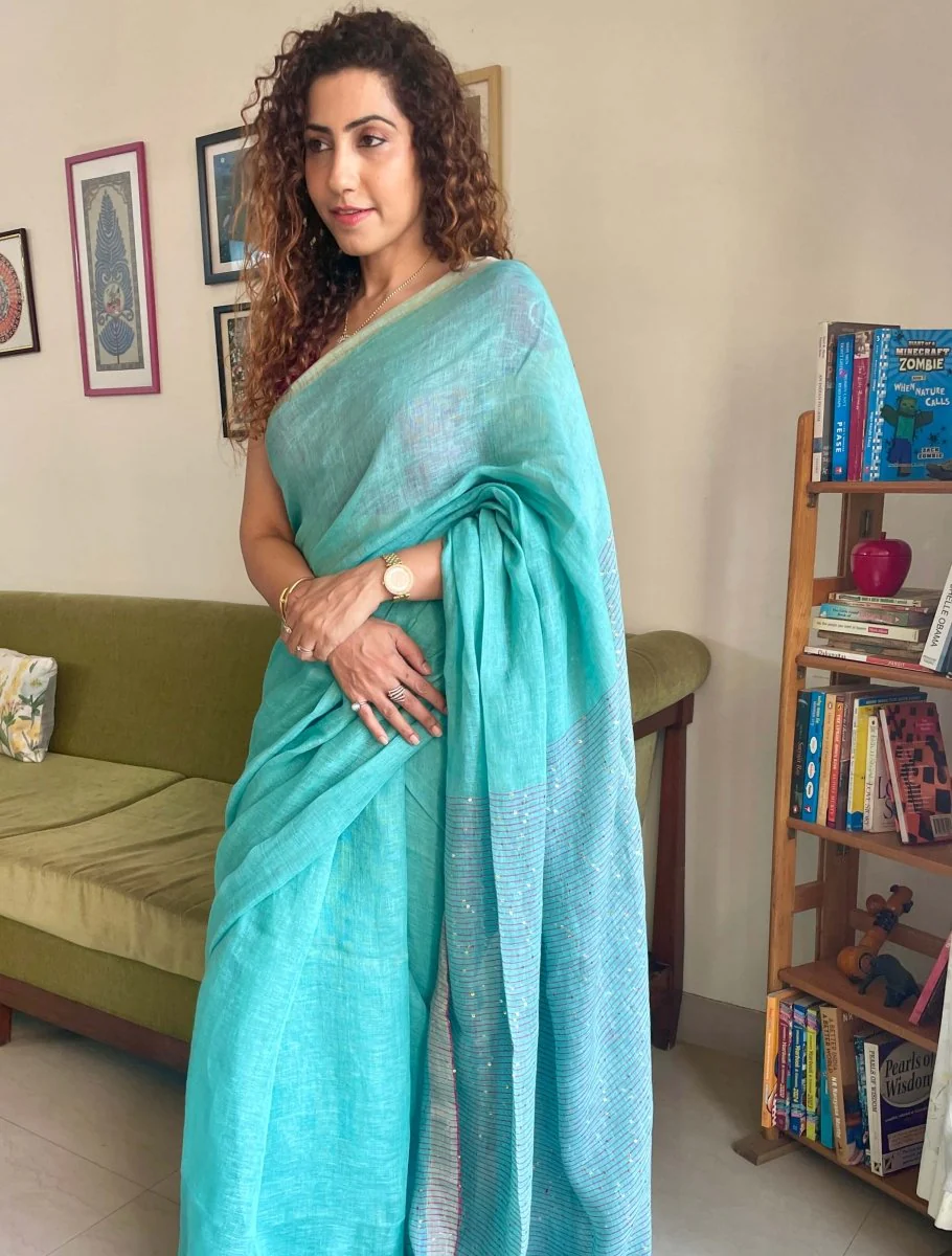 Aqua green Linen Saree with sequence - Image 5