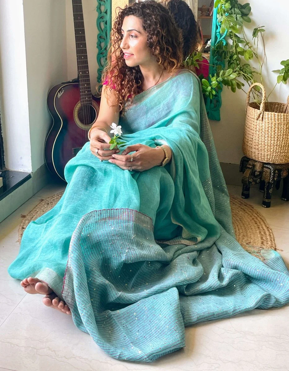 Aqua green Linen Saree with sequence - Image 6