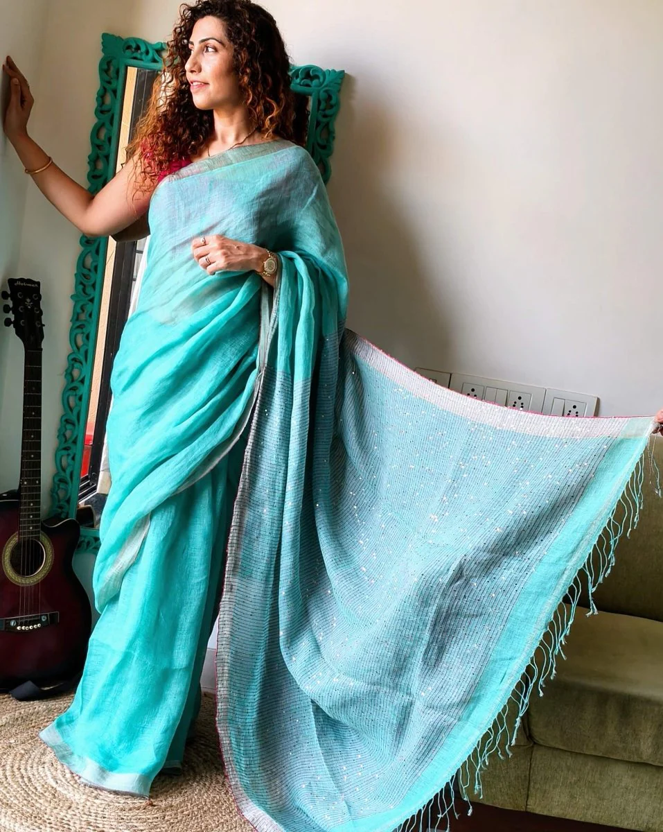 Aqua green Linen Saree with sequence - Image 7