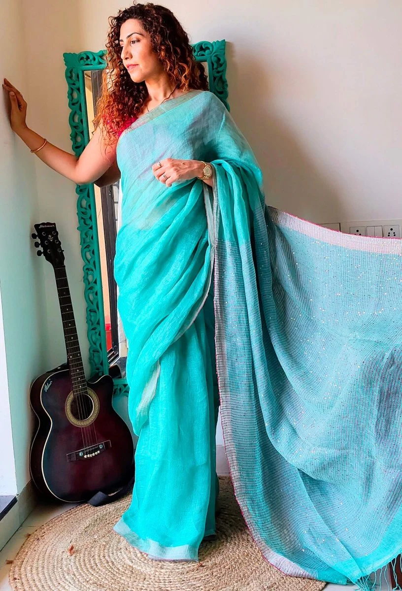 Aqua green Linen Saree with sequence - Image 8
