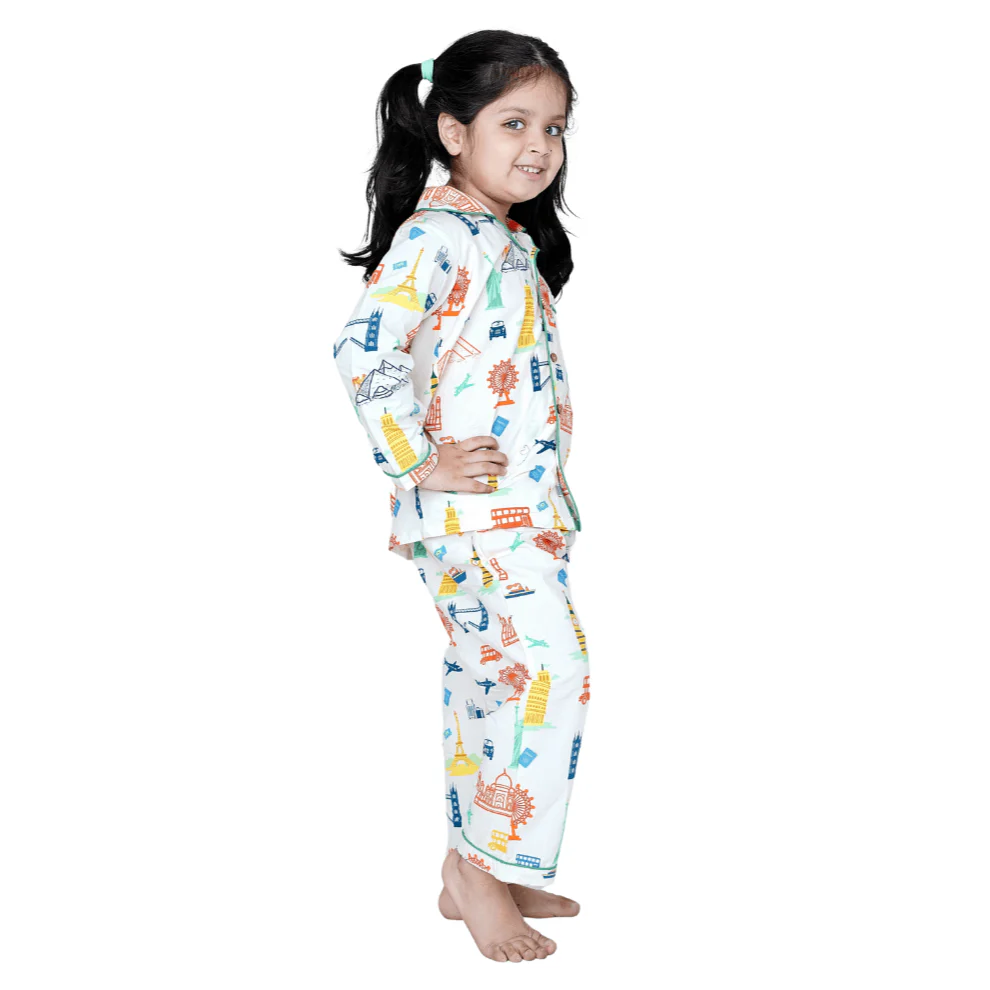 100% Cotton Around The World Kids Collar Night Suit Set