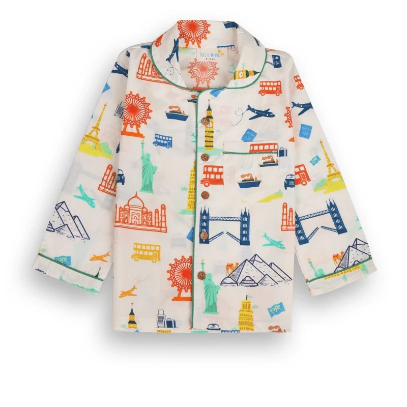 100% Cotton Around The World Kids Collar Night Suit Set - Image 5