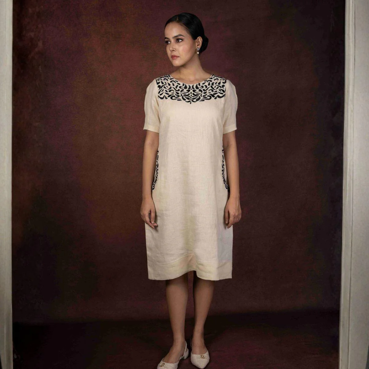 Aruja Cream Handloom Linen Dress with Black Embroidery - Image 3