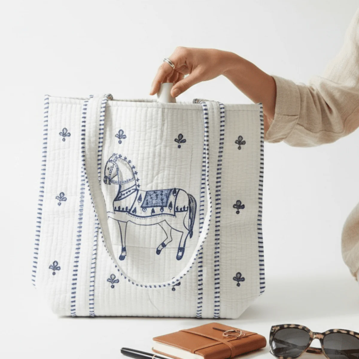 Ashwa Horse Hand Block Printed Quilted Cotton Tote Bag 14x14 Inch