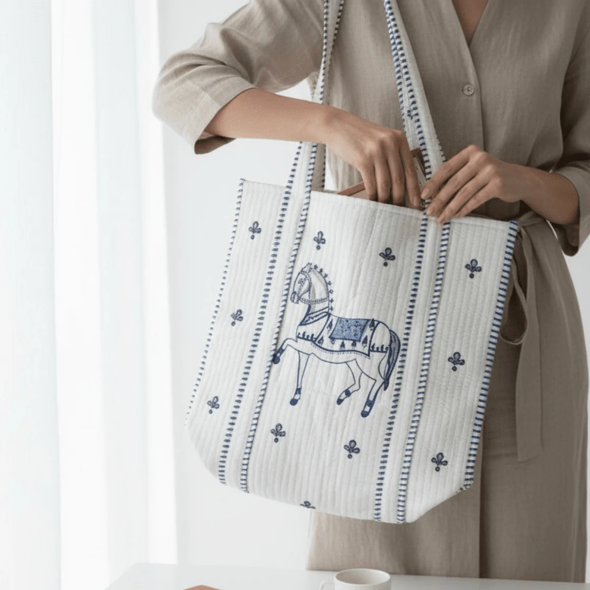 Ashwa Horse Hand Block Printed Quilted Cotton Tote Bag 14x14 Inch - Image 2