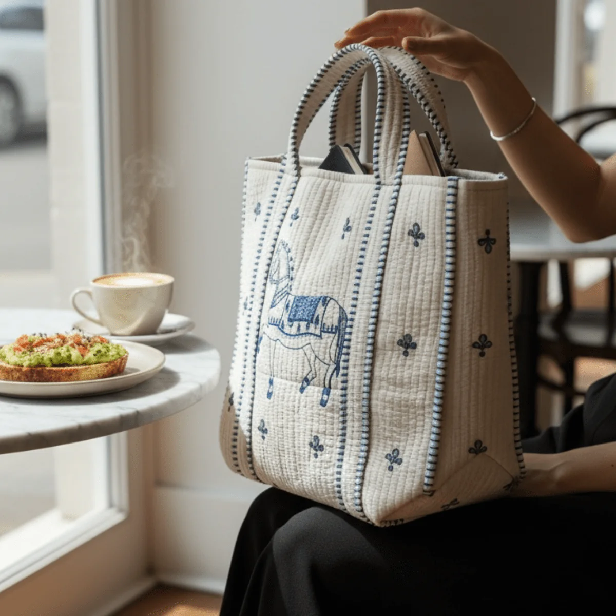 Ashwa Horse Hand Block Printed Quilted Cotton Tote Bag 14x14 Inch - Image 3