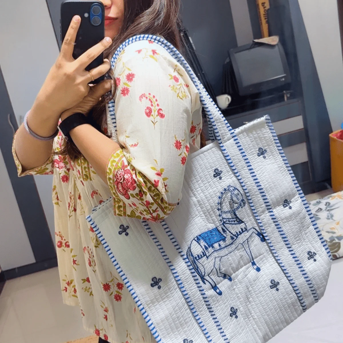 Ashwa Horse Hand Block Printed Quilted Cotton Tote Bag 14x14 Inch - Image 5