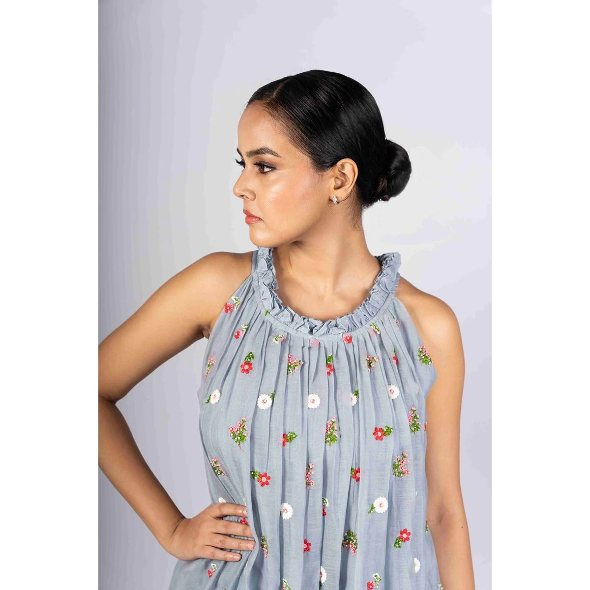 Avani Powder Blue Incut Flared Embroidered Dress - Image 3