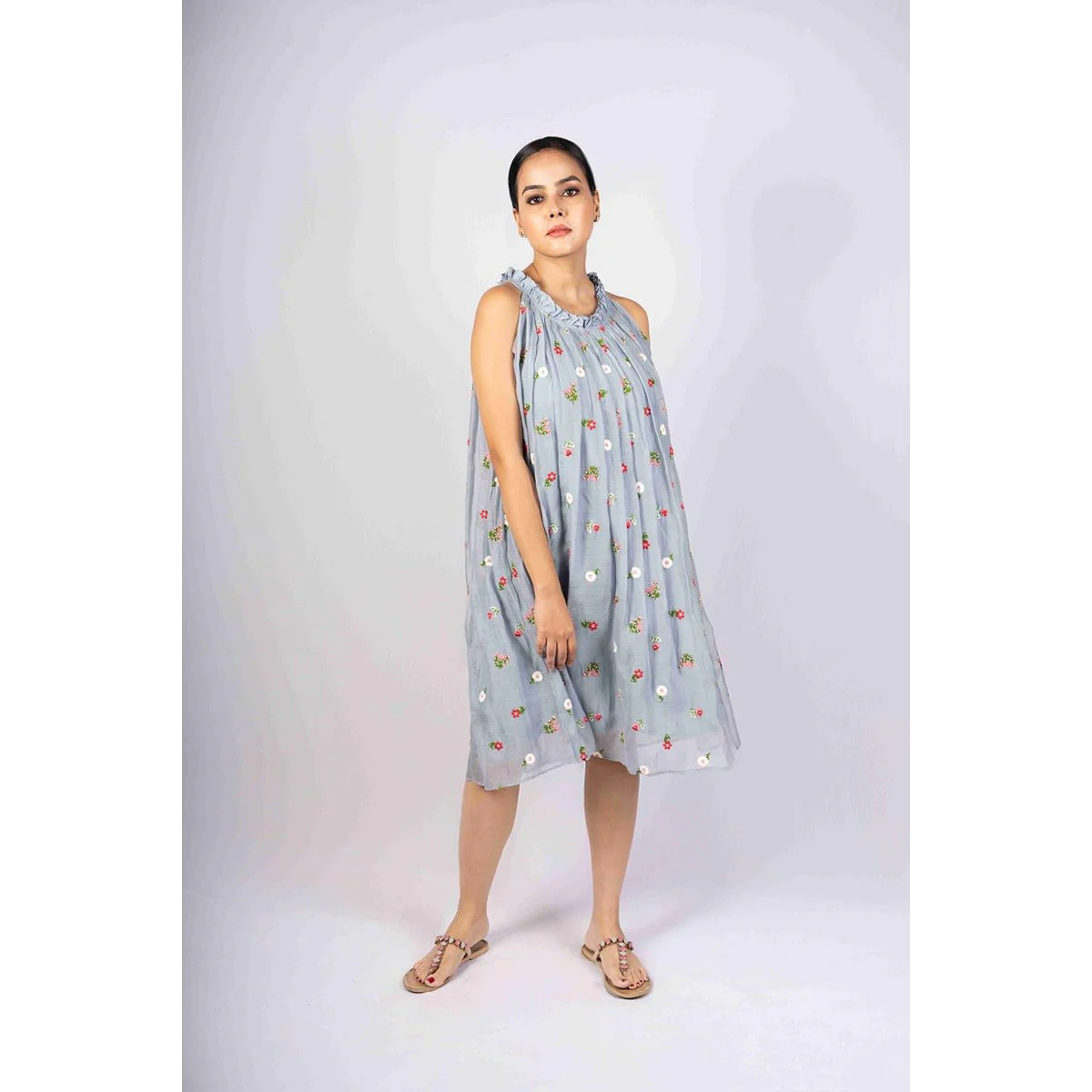 Avani Powder Blue Incut Flared Embroidered Dress - Image 4