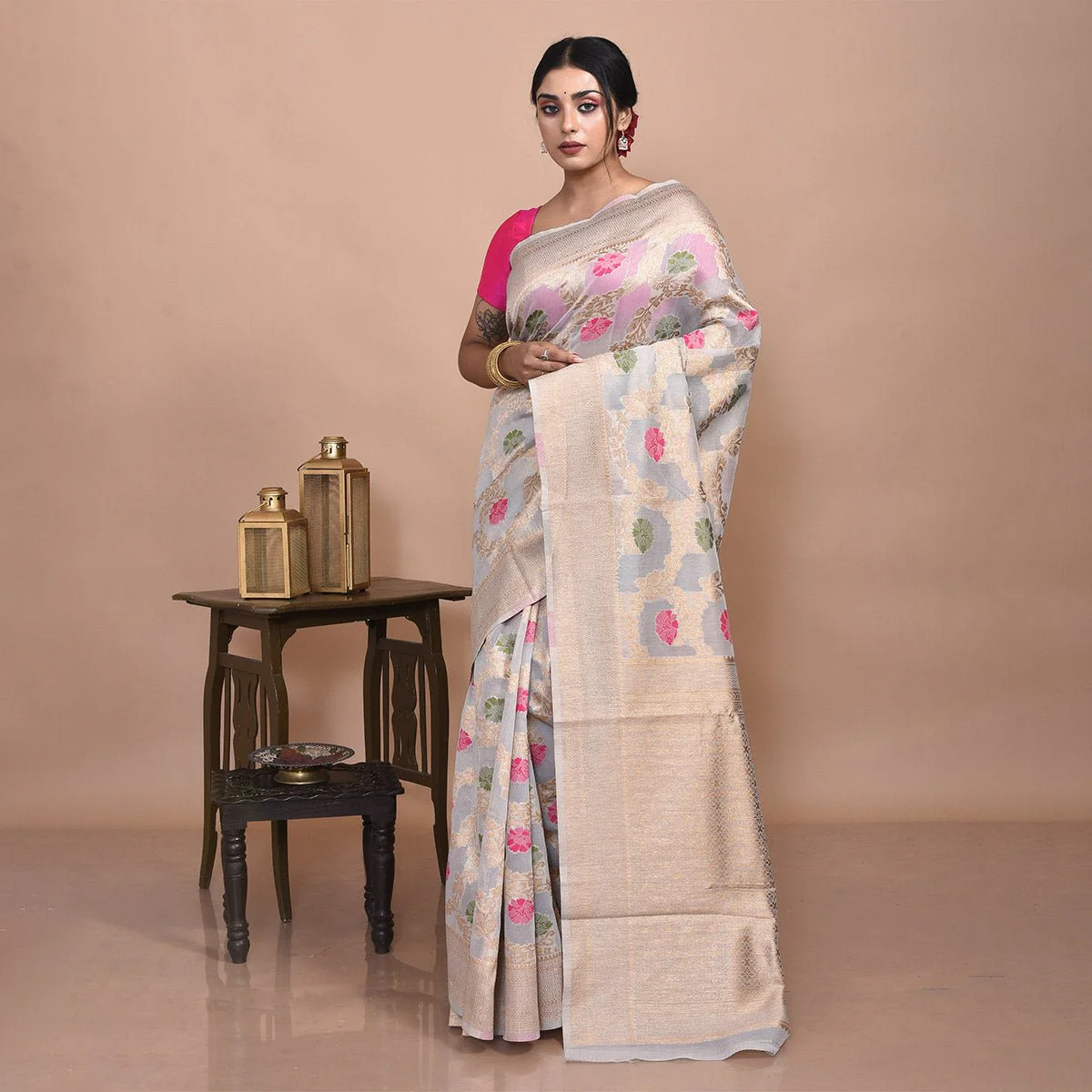 Banaras Kora Silk Saree with Blouse Piece - Image 9