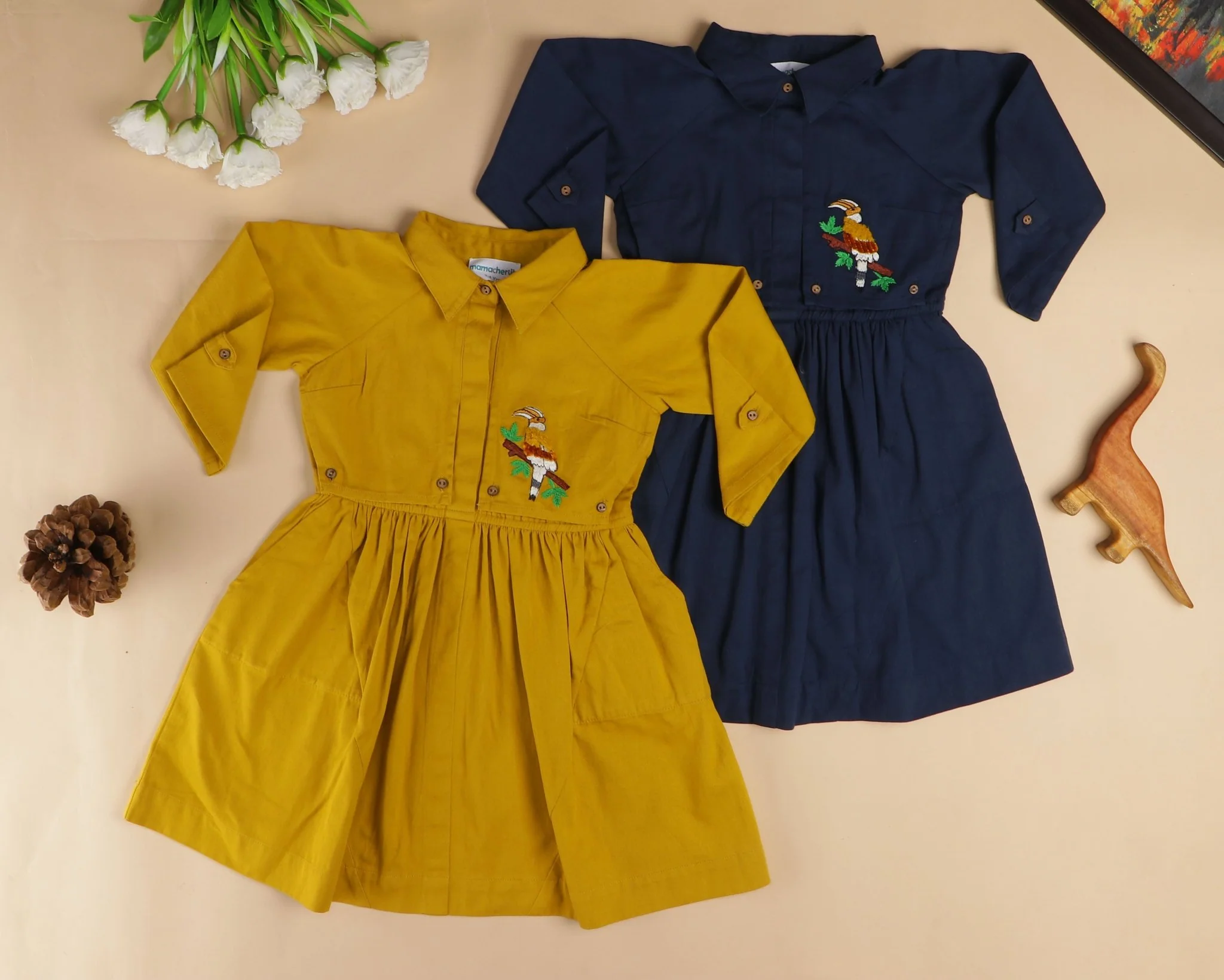 Handcrafted Beaky Hornbill Trench Style Cotton Dress – Fall Yellow - Image 2