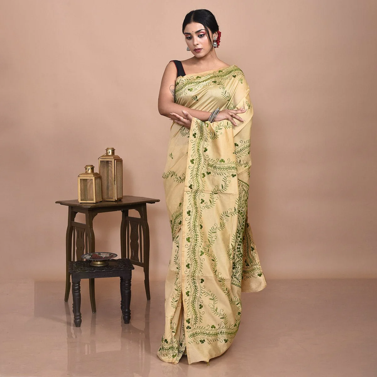 Bengal Semi Silk Hand Embroidered Kantha Stitch Saree