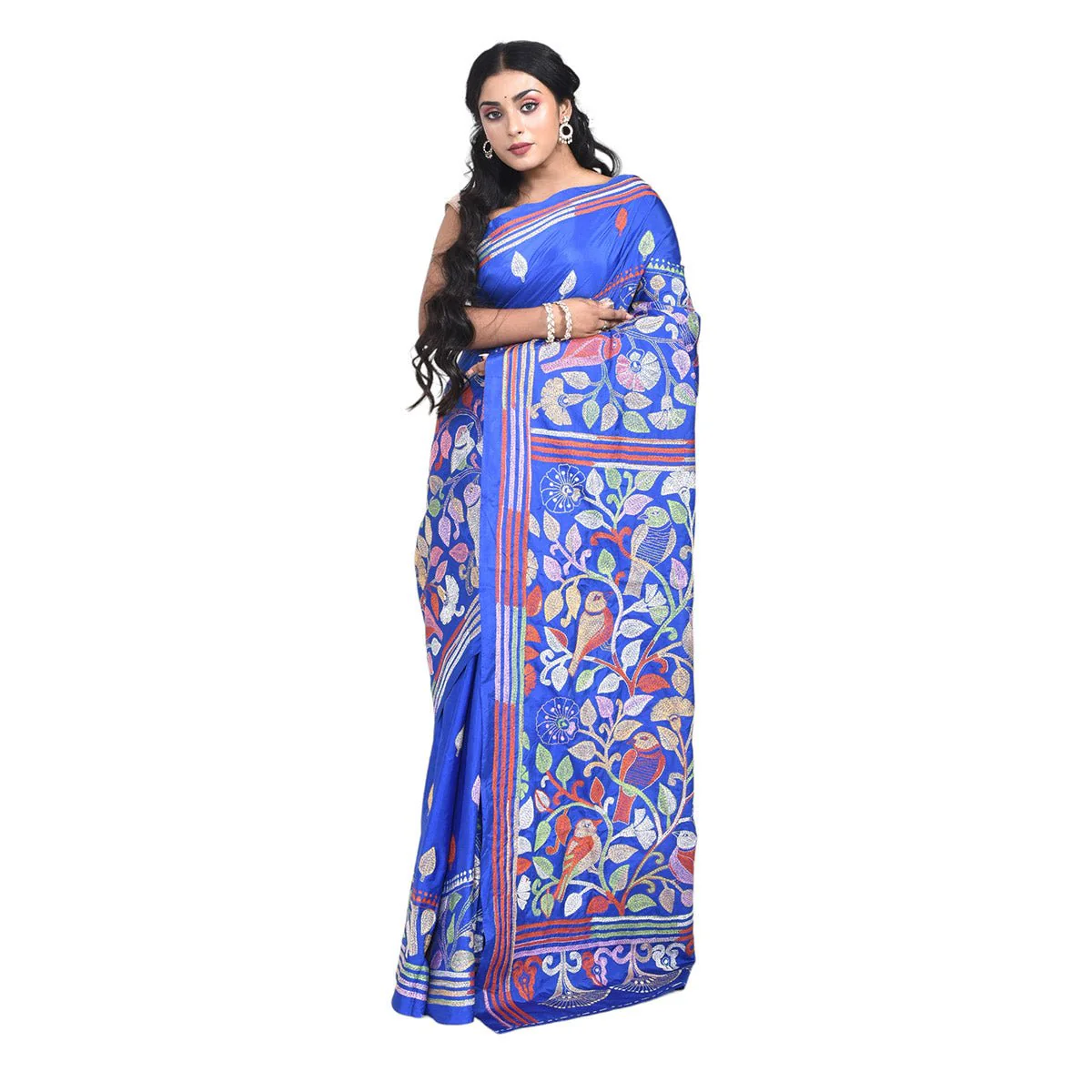 Bengal Semi Silk Hand Embroidered Kantha Stitch Saree - Image 6