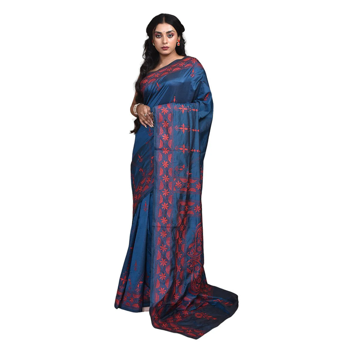 Bengal Semi Silk Hand Embroidered Kantha Stitch Saree - Image 7