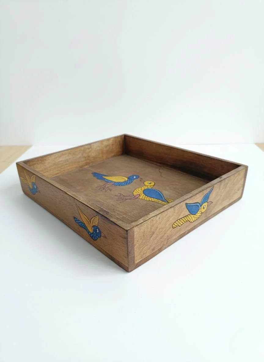 Birds of Freedom Gond Tray - Handpainted Wooden Tray - Image 4