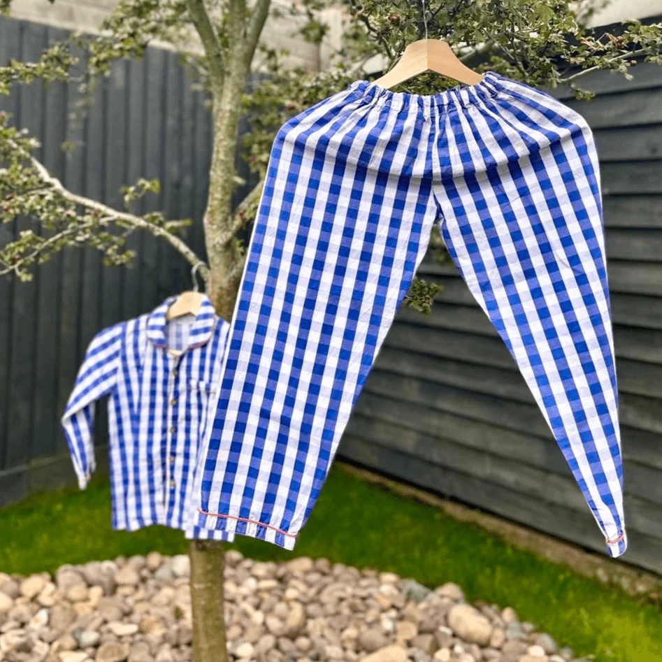100% Cotton Blue Gingham Kids Kurta & Pants Set - Image 4