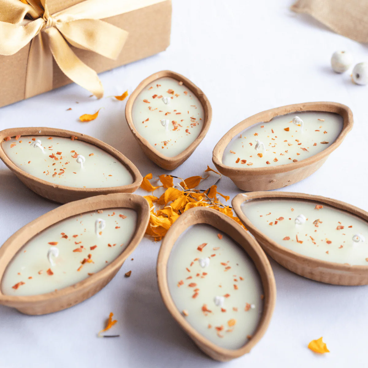 Boat Teracoota / Mitti Diya Candles in Sandalwood Scent- Set of 6 - Image 2