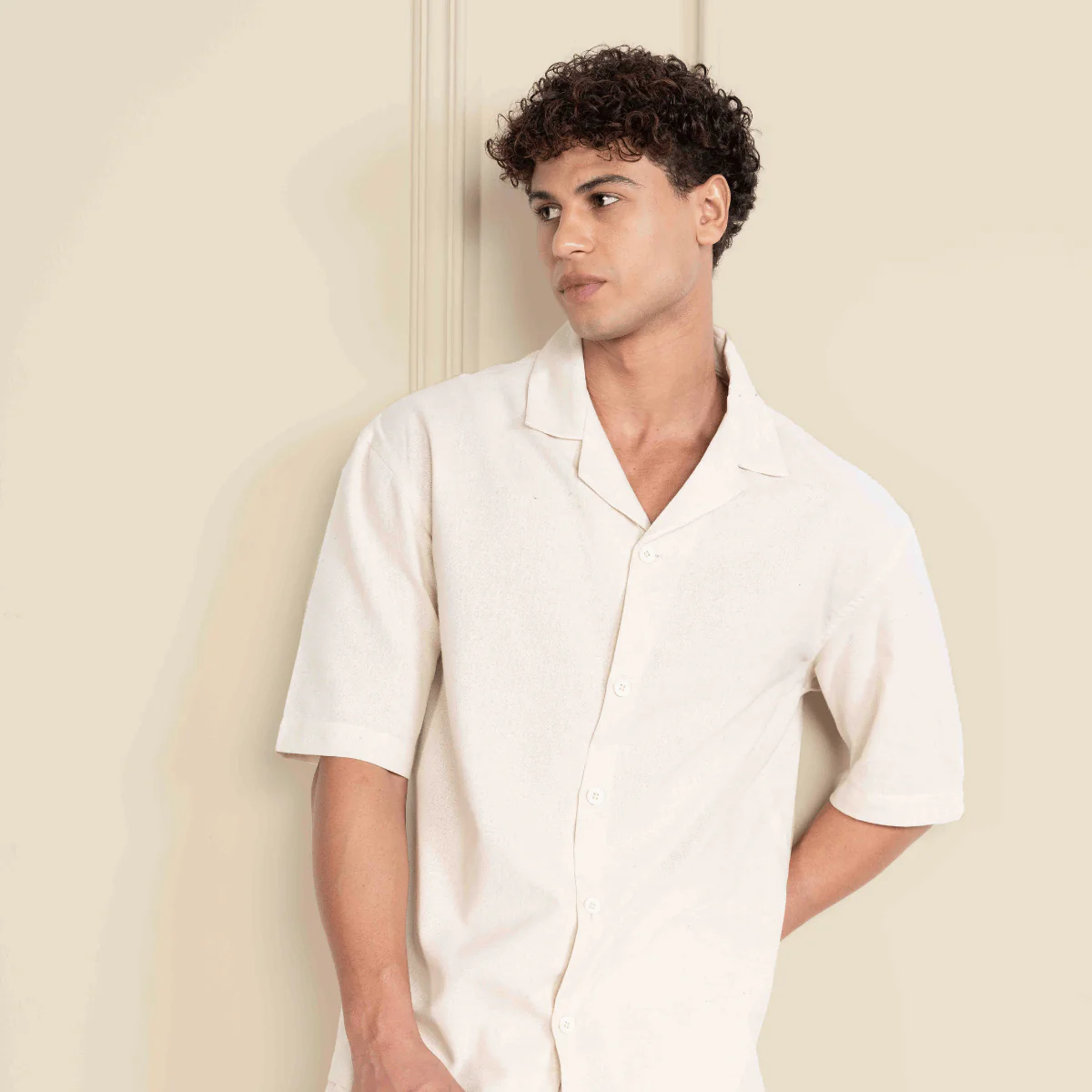 Relaxed Fit Half Sleeve Cuban Collar Shirt For Men | Cream - Image 4