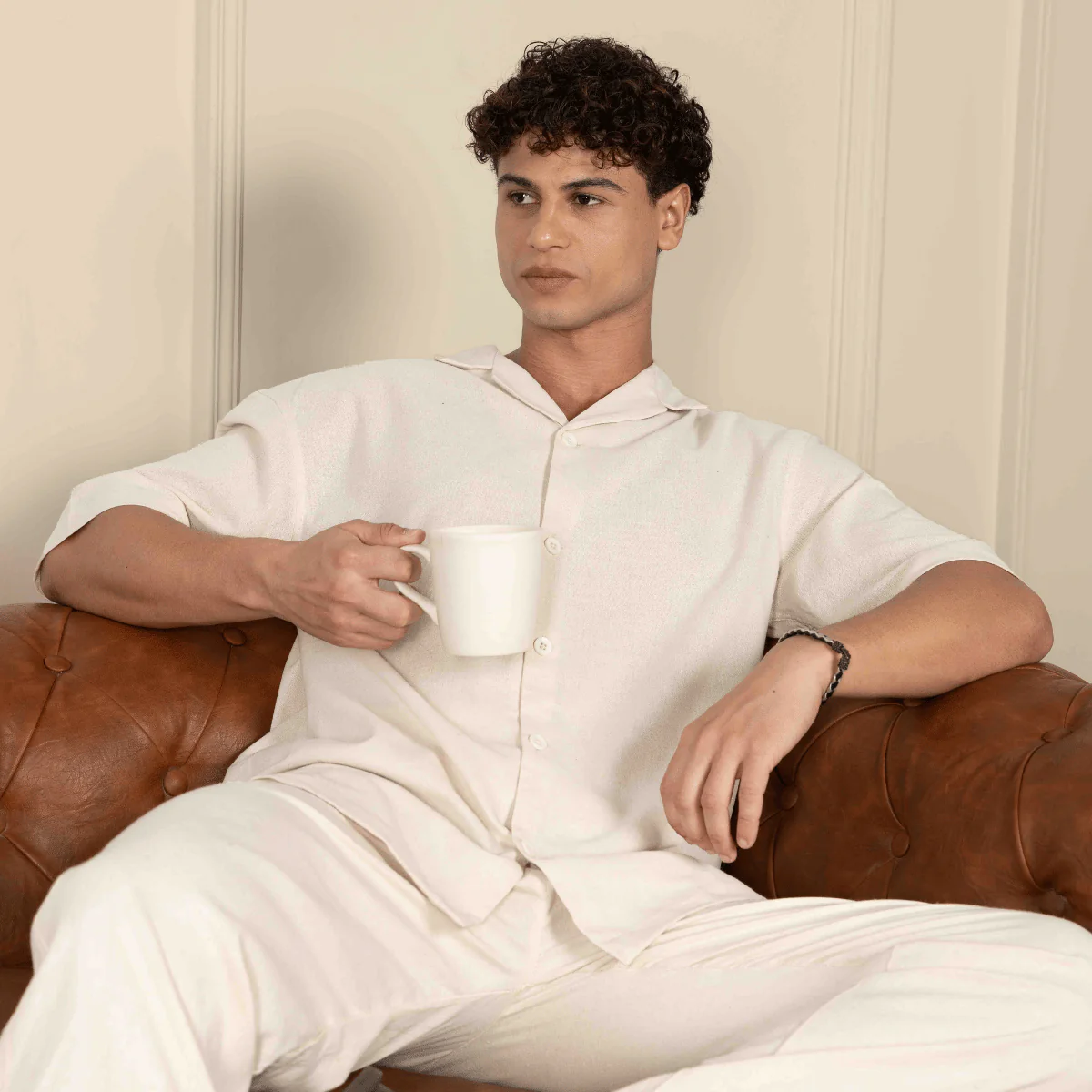 Relaxed Fit Half Sleeve Cuban Collar Shirt For Men | Cream - Image 6