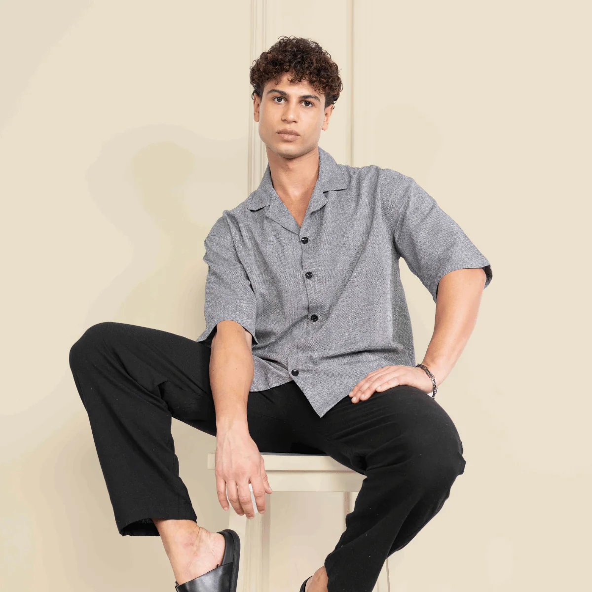 Relaxed Fit Half Sleeve Cuban Collar Shirt For Men | Grey - Image 6