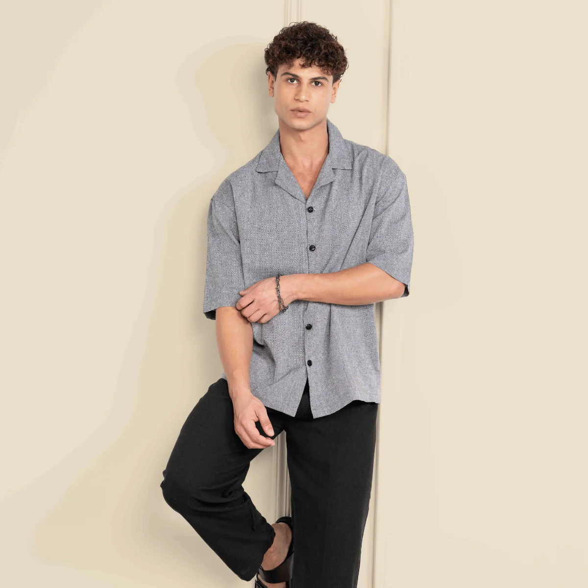 Relaxed Fit Half Sleeve Cuban Collar Shirt For Men | Grey - Image 8