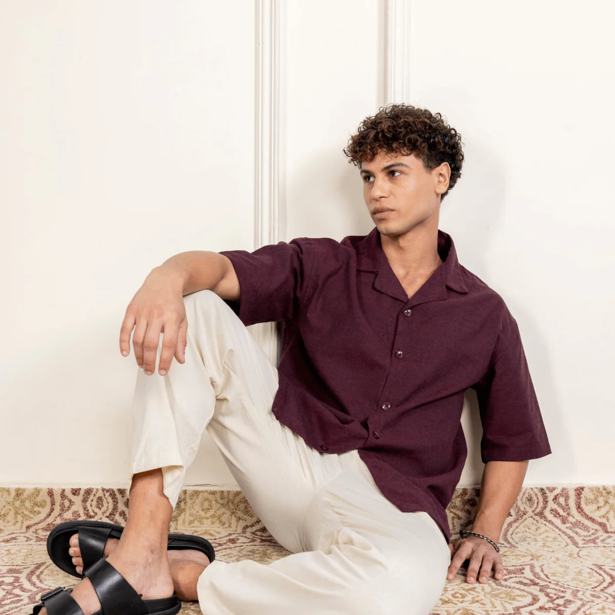 Relaxed Fit Half Sleeve Cuban Collar Shirt For Men | Maroon - Image 4