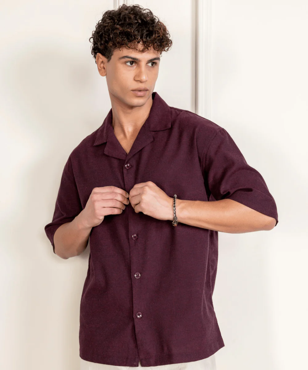 Relaxed Fit Half Sleeve Cuban Collar Shirt For Men | Maroon - Image 5